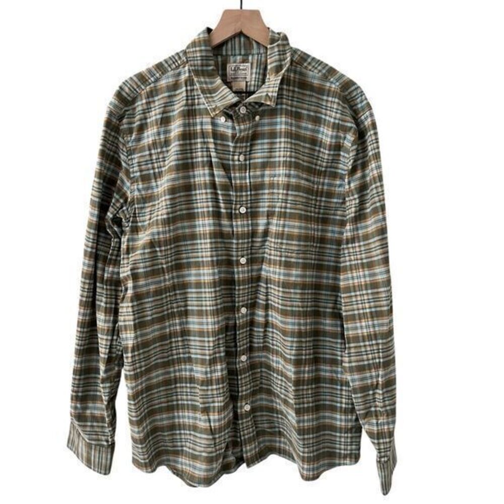 L.L. Bean Men's Green Yellow‎ Plaid Slightly Fitted Button Up Flannel Size XL